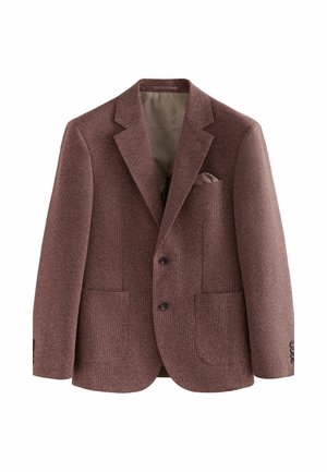 Brauner, strukturierter Blazer mit Reverskragen, zwei Fronttaschen und einer Brusttasche. Versehen mit dunklen Knöpfen und einem glatten Innenfutter.