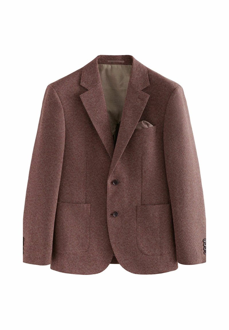 Blazer en tissu texturé marron avec revers crantés, deux poches avant et une poche poitrine. Doté de boutons foncés et d'une doublure intérieure lisse.