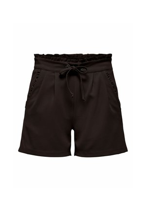Black casual shorts with elastic waist, drawstring tie, side pockets, and subtle stitching details on front.