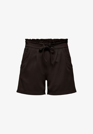 Black casual shorts with elastic waist, drawstring tie, side pockets, and subtle stitching details on front.