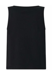 Top senza maniche nero con scollo rotondo, realizzato in tessuto liscio, caratterizzato da una linea dritta e senza motivi o materiali visibili.