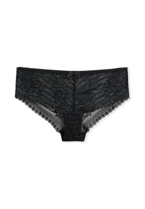 Schwarze Hipster-Pantys aus Spitze mit Blumenmuster, gewellten Kanten und einer kleinen Schleife in der Mitte des Bunds auf weißem Hintergrund.