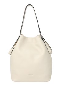 Eimer Tasche aus weichem Creme-Leder mit einer genarbten Textur, ausgestattet mit einem schwarzen Tragegurt und einem dezenten Logo, das an der Basis geprägt ist.