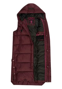 Bordo puhovka brez rokavov s kapuco, ki ima prešit design, vpete gumbe in kontrastne roza notranje poudarke. Vsebuje notranji žep.