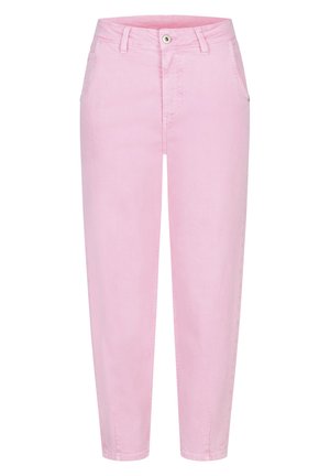 Light pink casual pants with front button, zipper closure, belt loops, and side pockets, shown against a white background.