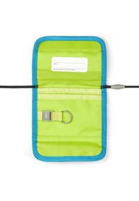 Open green and blue travel neck pouch with a keyring holder and a label for name and phone number, attached black neck strap.
