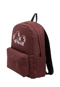Zaino marrone realizzato in tessuto resistente, con una tasca frontale, spallacci imbottiti e il logo "VANS off the wall" in bianco.