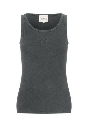 Débardeur gris foncé à côtes avec un col rond, présentant un détail floral brodé sur la poitrine et une coupe ajustée.