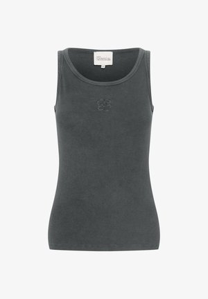 Tumehalli ribatud tanktop, ümmarguse kaelusega, millel on tikitud lillemuster rinnas ja istuv lõige.