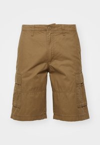 Bruna cargoshorts tillverkade av bomull, med två sidofickor, två cargofickor och en knappstängning.