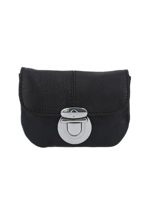 Petit étui en cuir noir avec fermeture métallique argentée à l'avant, sur fond blanc.
