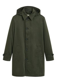 Oliivinvihreä sadetakki hupulla, nappikiinnitys edessä, kaksi sivutaskua ja säädettävät hihansuut. Valmistettu sileästä, vettä hylkivästä kankaasta.