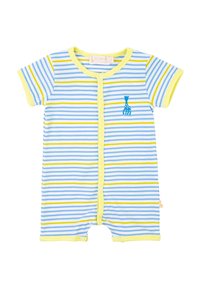 Body a righe realizzato in tessuto morbido, con strisce blu e gialle alternate, maniche corte e un ricamo a forma di giraffa.