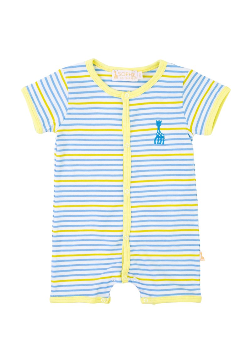Body a righe realizzato in tessuto morbido, con strisce blu e gialle alternate, maniche corte e un ricamo a forma di giraffa.