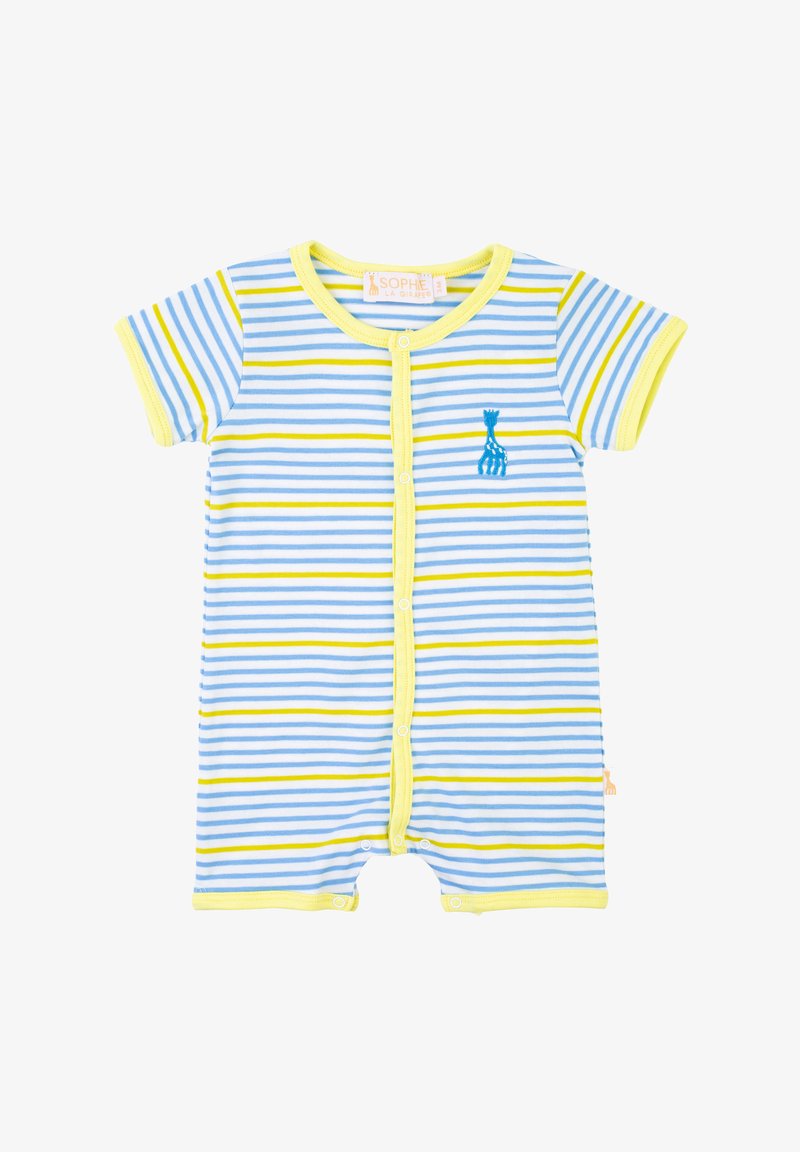 Body a righe realizzato in tessuto morbido, con strisce blu e gialle alternate, maniche corte e un ricamo a forma di giraffa.