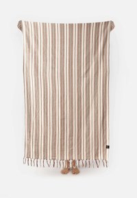 Plaid in cotone con strisce verticali beige, marrone e blu. Finitura con bordi frangiati. Tessuto leggero e texture.