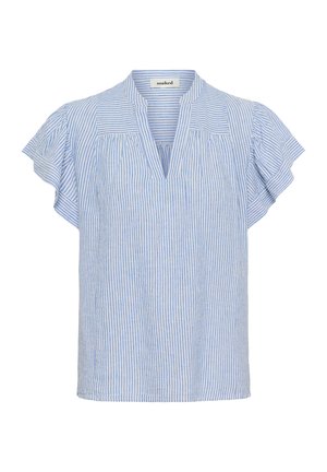 Blouse à manches courtes rayée bleu et blanc avec un col en V, dotée de plis et d'une coupe décontractée. Fabriquée en tissu léger.