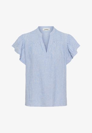 Blue and white striped short-sleeve blouse with a V-neck, featuring pleat details and a relaxed fit. Made of lightweight fabric.