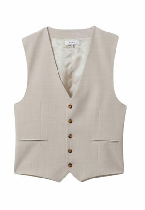 Beige Wolle Weste mit V-Ausschnitt, fünf braunen Knöpfen, zwei Fronttaschen und glattem Innenfutter. Taillierte Passform und flache, strukturierte Oberfläche.