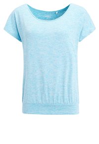 Top corto de manga corta en azul claro con cuello redondo, textura suave y ligeramente fruncido en el dobladillo inferior.