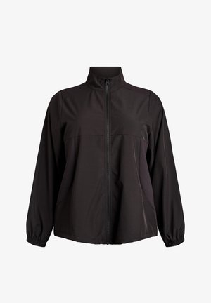 Sort lynlåsjakke med høj krave, elastiske manchetter, afslappet pasform og paneldetaljer på fronten og siderne.