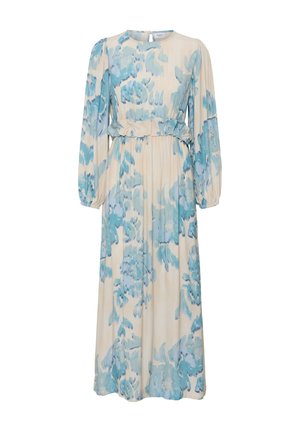 Robe longue crème avec imprimé floral aquarelle bleu, manches longues bouffantes, taille froncée à volants, et encolure ronde avec fermeture par boutons au dos.