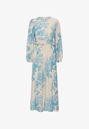 Hosszú krémszínű ruha kék akvarell virágmintával, hosszú felfújt ujjakkal, deréknál fodros, húzott részlettel és kerek nyakkivágással, hátul gombos záródással.