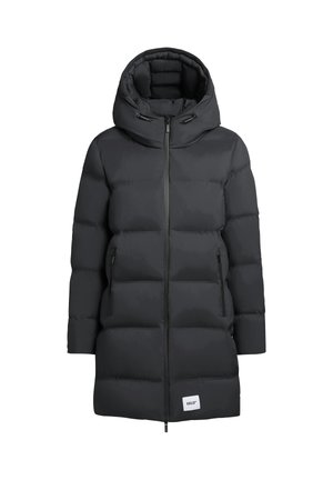 Black puffer jacket with a hood, featuring bold quilting, two side pockets, front zipper, and a logo patch at the hem.