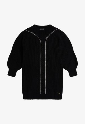 Robe-pull noire en maille avec un col rond, un motif torsadé, des manches ballon et une fermeture éclair argentée sur le devant.