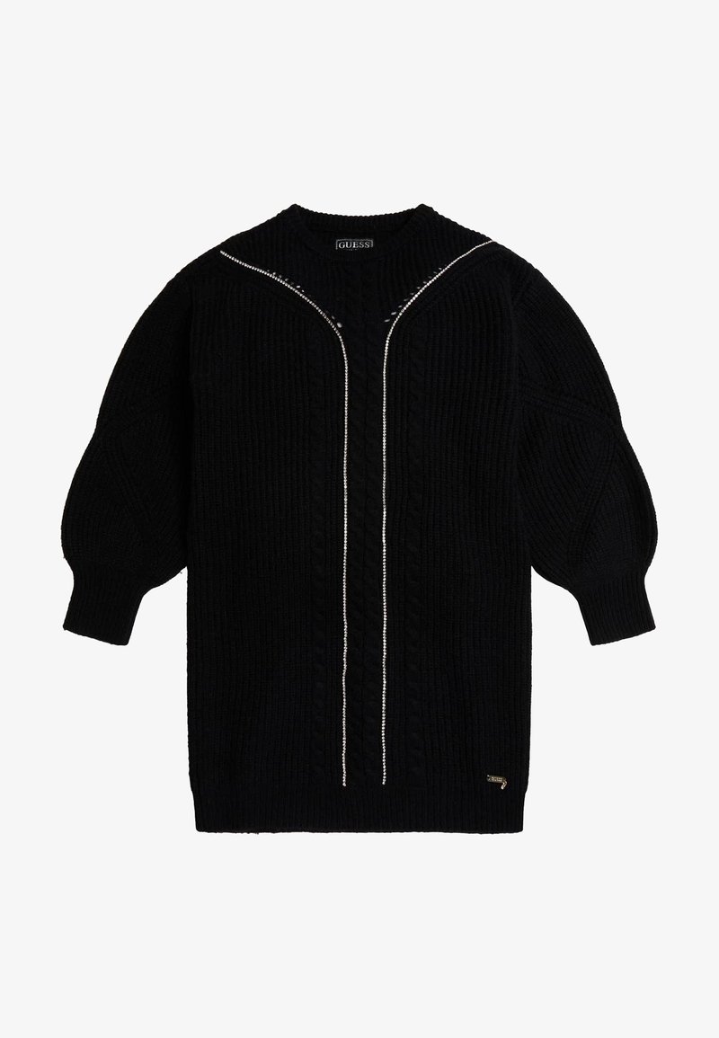 Schwarzes, gestricktes Pulloverkleid mit rundem Ausschnitt, Zopfmuster, Ballonärmeln und einem silbernen Reißverschlussdetail auf der Vorderseite.