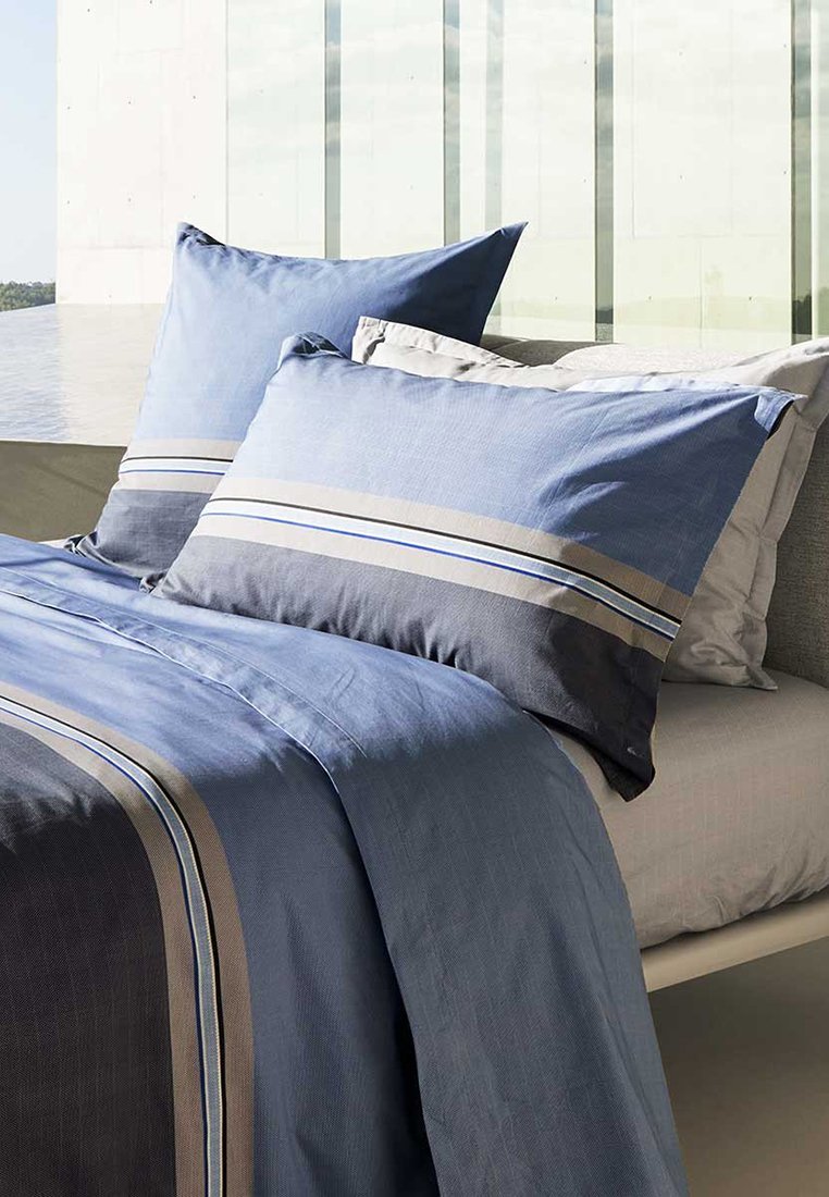 Ensemble de literie bleu et gris avec des accents rayés. Comprend une texture lisse avec un mélange de tissus unis et à motifs. Inclut deux coussins assortis.