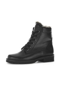 Zwarte leren enkellaarzen met een faux fur rand, voorlacing, rubberen zool en een ronde teen. Beschikken over een gladde textuur en een stevig ontwerp.
