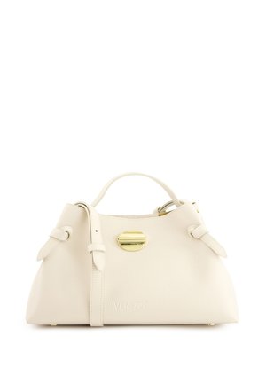 Cream leather handbag with a structured shape, gold hardware, two side straps, and embossed branding on the front.