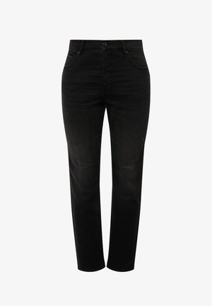 Zwarte, rechte jeans met hoge taille, voor- en achterzakken, knoopsluiting en subtiele vervaagde details op de dijen.