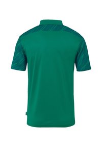 Polo shirt de sport vert avec un devant uni et des manches à motifs, doté d'un col et de manches courtes, dans un design athlétique élégant.
