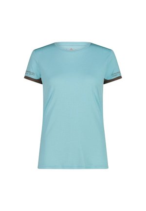 Camiseta de manga corta azul claro con puños de manga marrón oscuro y pequeño logo en cada manga, parte delantera lisa y cuello redondo.