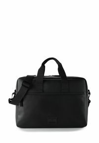 Sort læder dokumentmappe med tekstureret overflade, dobbelte top-håndtag, justerbar skulderrem og frontlomme med lynlås. Gummidetaljer er synlige.