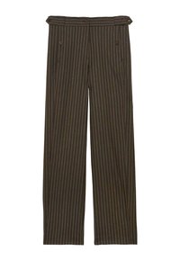 Pantalons rayés marron avec un design à jambes larges. Comprend une taille à bouton et des rayures verticales de couleur contrastante pour un détail subtil.