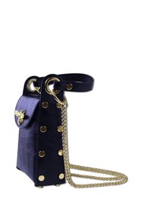 Navy leather handbag with gold hardware, featuring a bee accent, snap closure, and chain strap. Smooth texture with studded details.