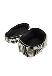 Custodia cosmetica nera con zip, rivestita di strass argentati all'esterno; l'interno è foderato in tessuto nero; forma ovale con due scomparti.