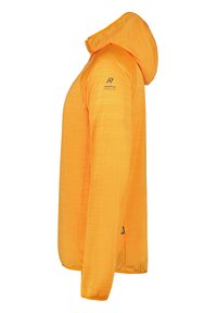 Oranje lichtgewicht jack met capuchon, voorzien van een gestructureerde stof, lange mouwen en een logo op de linker schouder. Inclusief zijzakken.