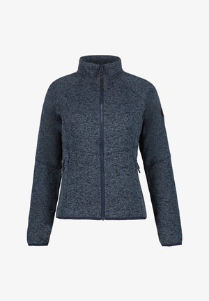 Granatowa kurtka polarowa na zamek z długimi rękawami, wysokim kołnierzem i zamykanymi na zamek bocznymi kieszeniami, zaprojektowana z myślą o ciepłe i codziennym noszeniu.