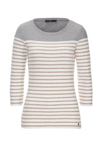 Maglietta a maniche lunghe a righe in grigio chiaro e beige, con scollatura rotonda e texture morbida. Presenta righe orizzontali e un piccolo logo.