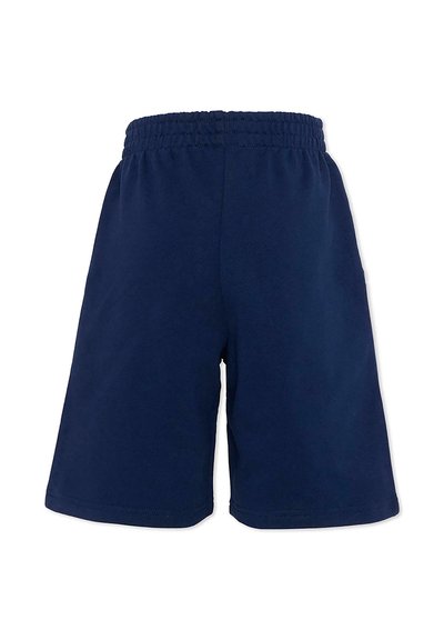 Marineblå knælange shorts med elastisk taljebånd, ensfarvet design uden synlige logoer eller lommer.