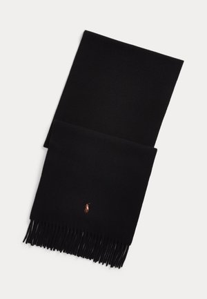 Écharpe noire avec bords frangés et petit logo Polo Ralph Lauren brodé en marron, blanc et rouge près d'une extrémité.