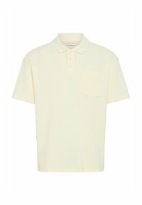 Kortermet polo skjorte i lys gul, ribbet tekstur, med krage og knappestolpe med tre knapper, har en enkelt brystlomme.