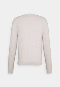 Pull beige en tricot avec manches longues, col rond et une texture légèrement brossée. Présente un ourlet droit et un design minimaliste.