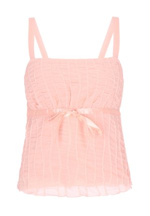 Vaaleanpunainen h sleeveless toppi, jossa on kuvioidut pystysuorat raidat ja satiininauha, joka on solmittu vyötärölle rusetiksi.