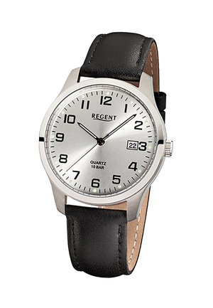 Montre-bracelet pour homme Regent à quartz avec cadran argenté, chiffres arabes noirs, affichage de la date et bracelet en cuir noir, boîtier en acier inoxydable.