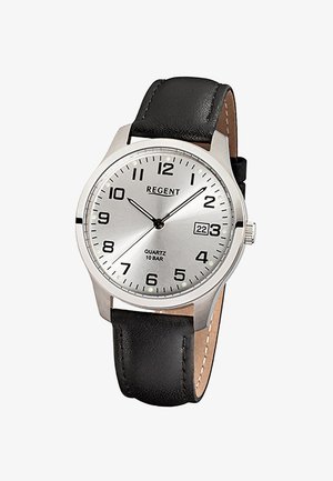 Montre-bracelet pour homme Regent à quartz avec cadran argenté, chiffres arabes noirs, affichage de la date et bracelet en cuir noir, boîtier en acier inoxydable.